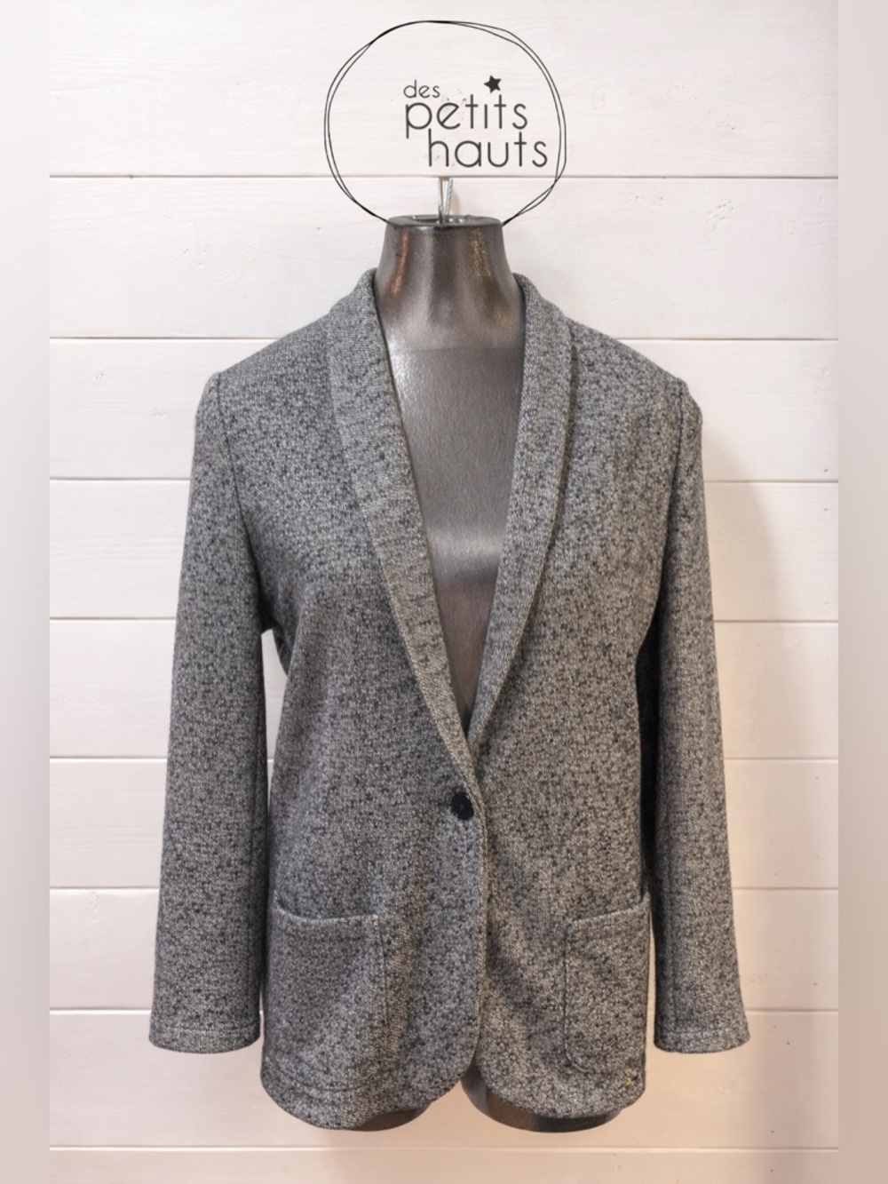 DES PETITS HAUTS Grey Textured Knit Blazer Jacket Size T1 / Small